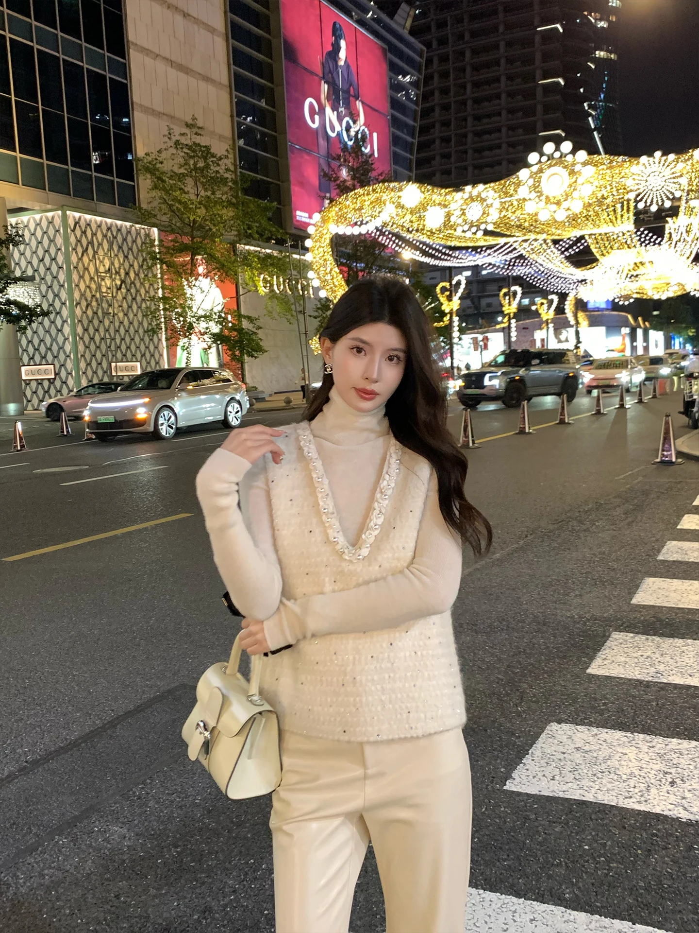 

Kun Mary Su Woolen Sequin Vest Women's Spring Faionable Small Fraance Sle Top Warmth Polyester Wool Blend V-Ne