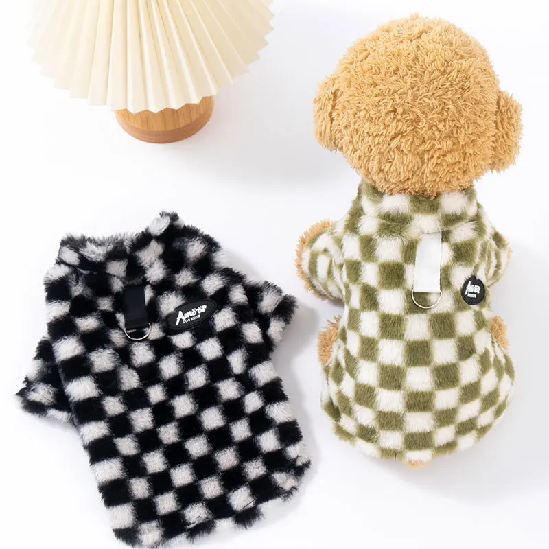 

강아지 Dog Winter Clothing Warm and Thick with Fleece Cardigan Hairy Checkerboard Clothing Puppy Clothes Dog Clothes for Small Dogs