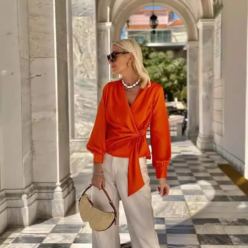 New Women\'s Solid Color Long Sleeved Shirt With V-neck Tie And Waist Cinching Orange Red Temperament Elegant Satin Autumn Shirt