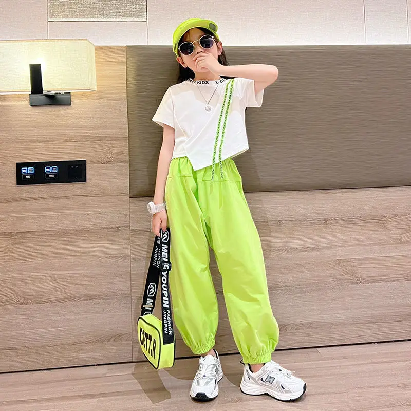 2024 summer Teen Girls Sport Suit striped short t-shirt + skinny Pants Children Set Tracksuit Kids 5 8 10 12 9 14 Years Clothing