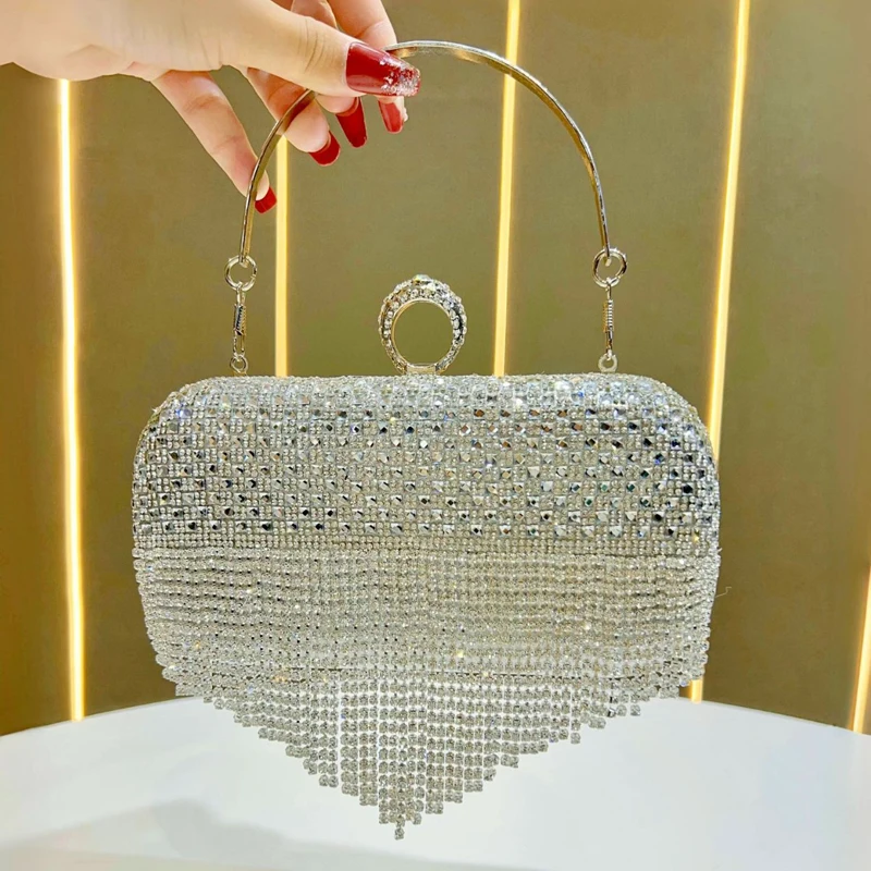 

New Luxury Full Diamond Glitter Clutch Bag Tassel Rhinestone Evening bag with Chain for Women Wedding Dress Banquet Dinner Bag