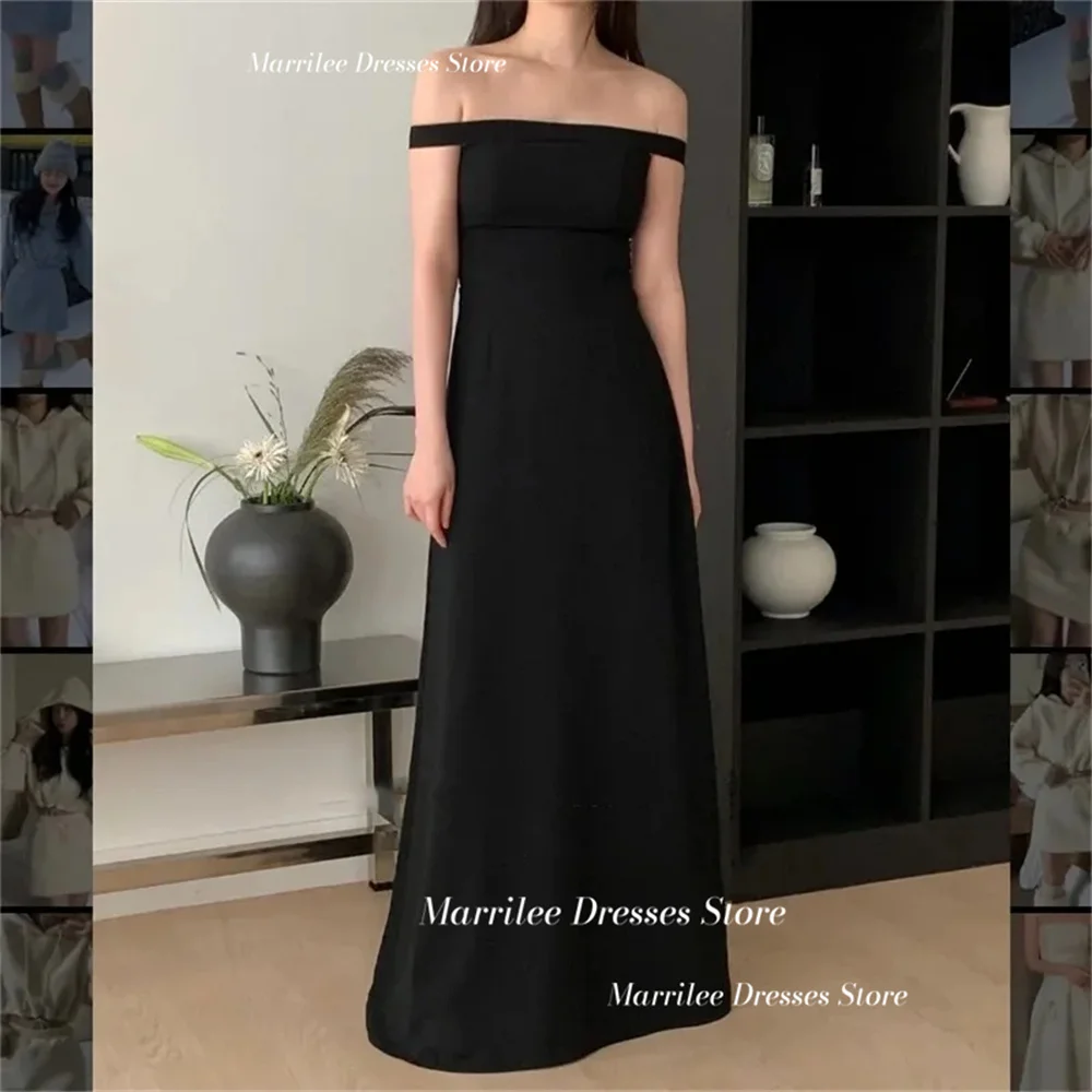 

Marrilee Simple Strapless Sleeveless A-Line Korea Stain Evening Dresses Elegant Black Floor Length Prom Gowns Formal Occasions