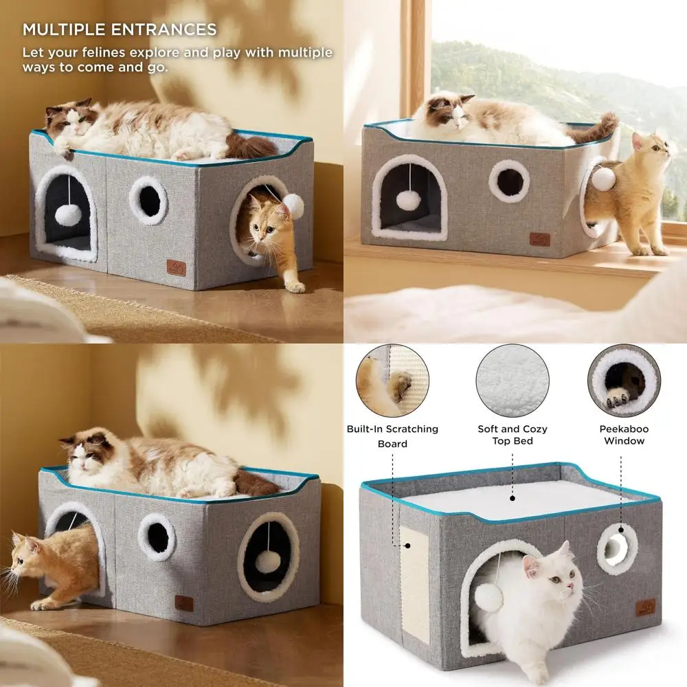 

Extra Wide Foldable Cat Cube House with Fluffy Ball and Scratch Pad for Multiple Indoor Cats, Grey, 23.6x16.9x13 inches