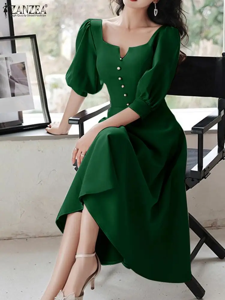 ZANZEA Square Collar Party Robes Elegant Half Sleeve Casual Waisted Vestidos Button Korean Women Vintage Midi Dresses Long Dress