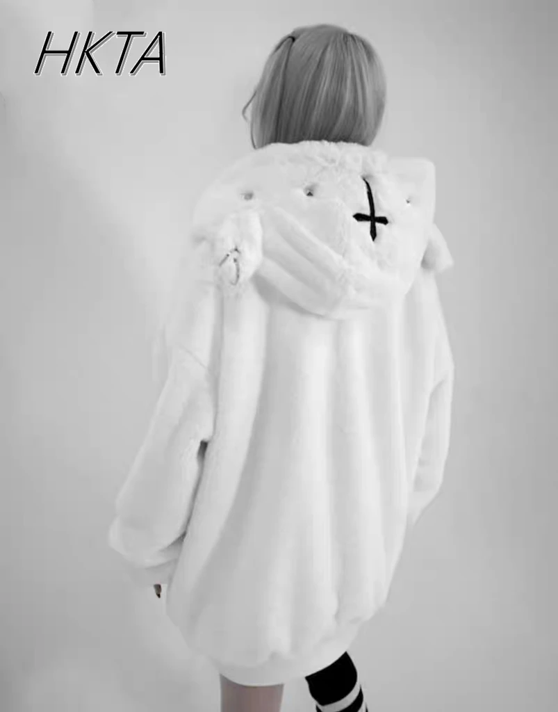 

Japanese Dark Punk Subculture Wool Coat Autumn and Winter Thickened Warm Harajuku Mine Series Cute Lamb Ears Plush Jacket Women