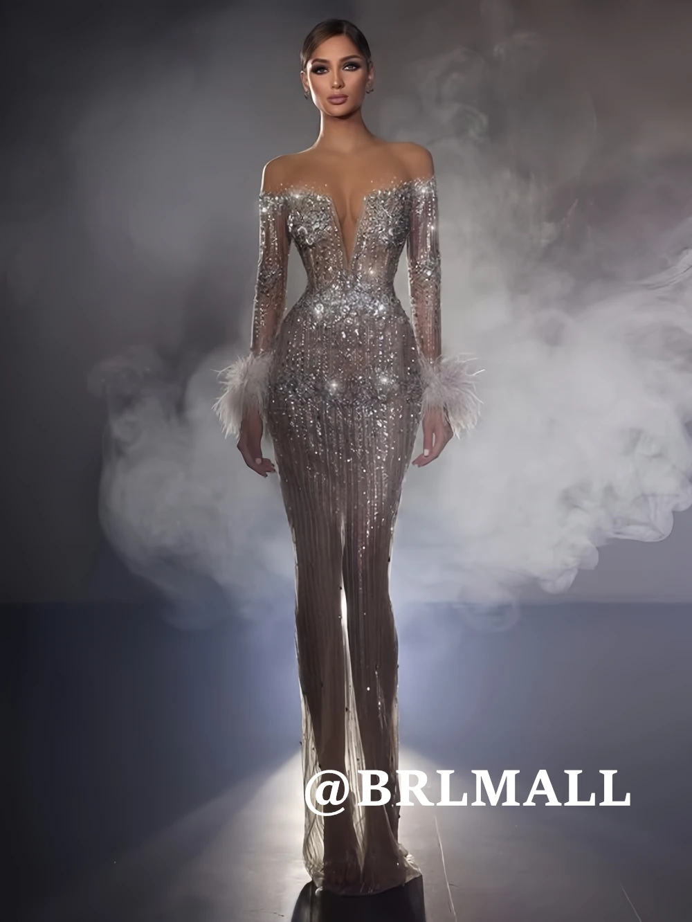 

BRLMALL Sexy Illusion Beading Prom Dress with Feathers Sheer Neck Seuqined Long Sheath Formal Dresses Evening Gowns Customized