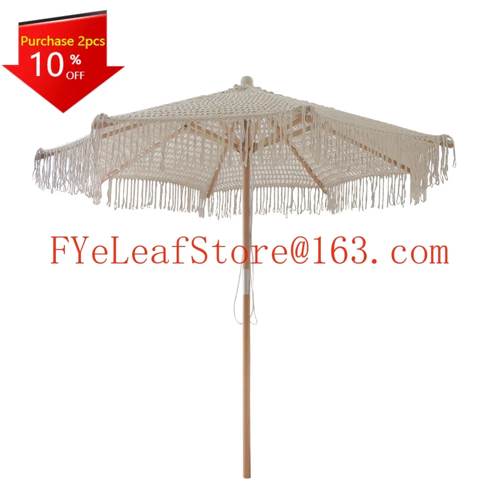 

Bohemia cotton rope macrame parasols 2.5m wooden pole handmade tassels woven canopy beach umbrella with macrame fringe