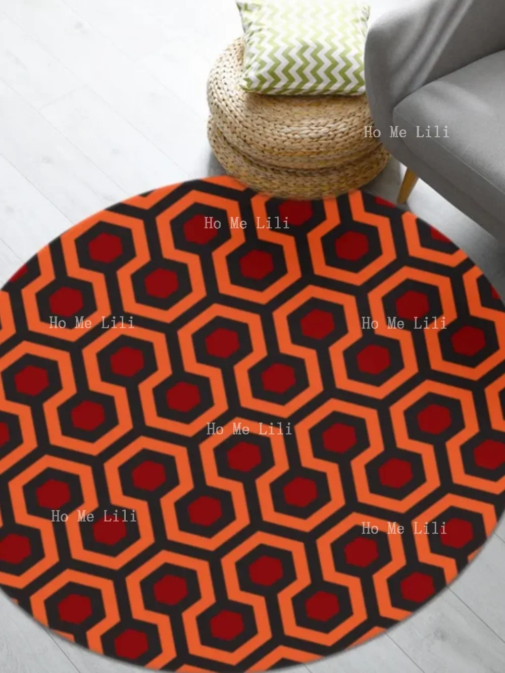 Vibrant Printed Shining Overlook Hotel Round Rug With Abstract Background Of Hexagon Figure