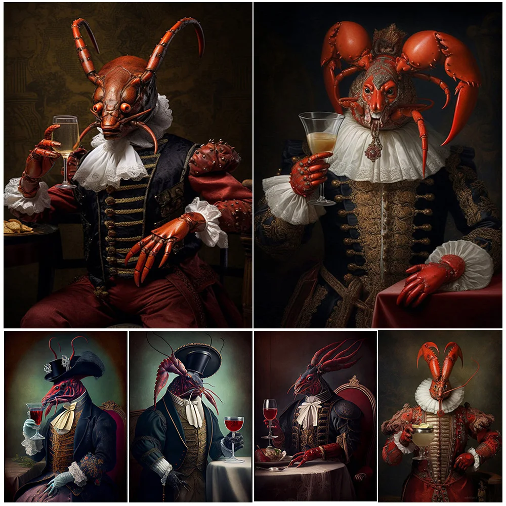 

Lobster Man Holding Champagne Abstract Wall Art Canvas Painting Lobster Surreal Fantasy Gothic Art Poster Print Home Decoration