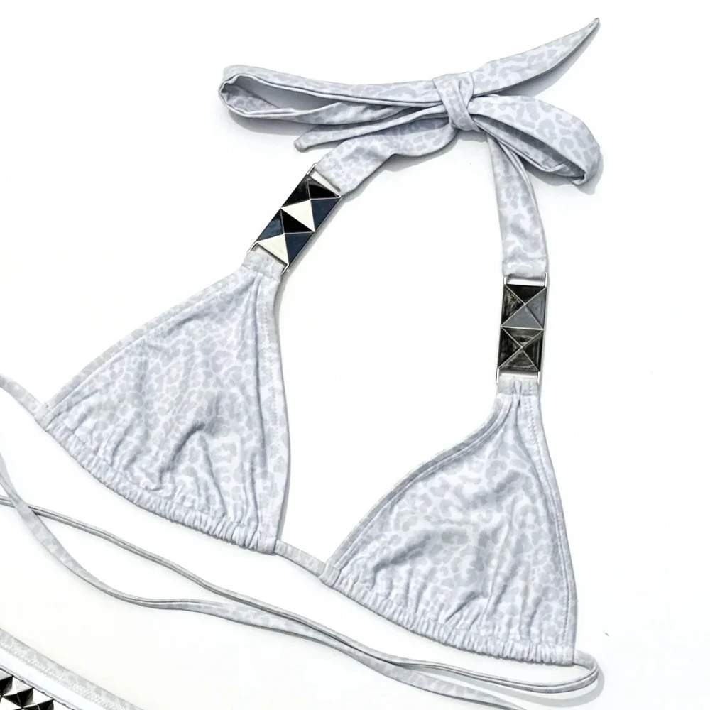 2025 European and American Fashion Printing Halter Spaghetti Straps Sexy Bikini Split Lace-up Hot Spring Sexy Style White classi