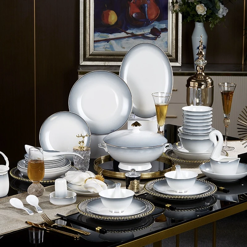 

Jingdezhen 60 pieces, high-end housewarming Chinese edge bone china tableware set