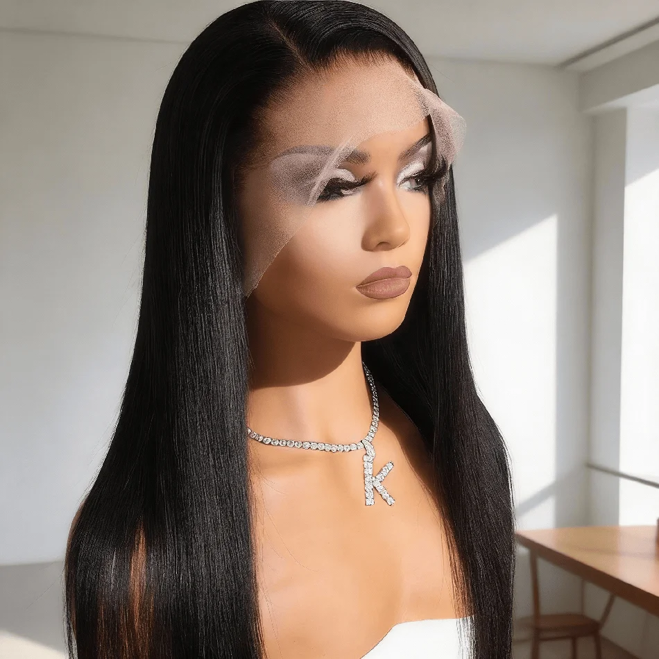 

Натуральный черный прямой парик из человеческих волос 13x4 HD Lace Frontal, предварительно выщипанный, прозрачный, без клея, бразильский парик для женщин