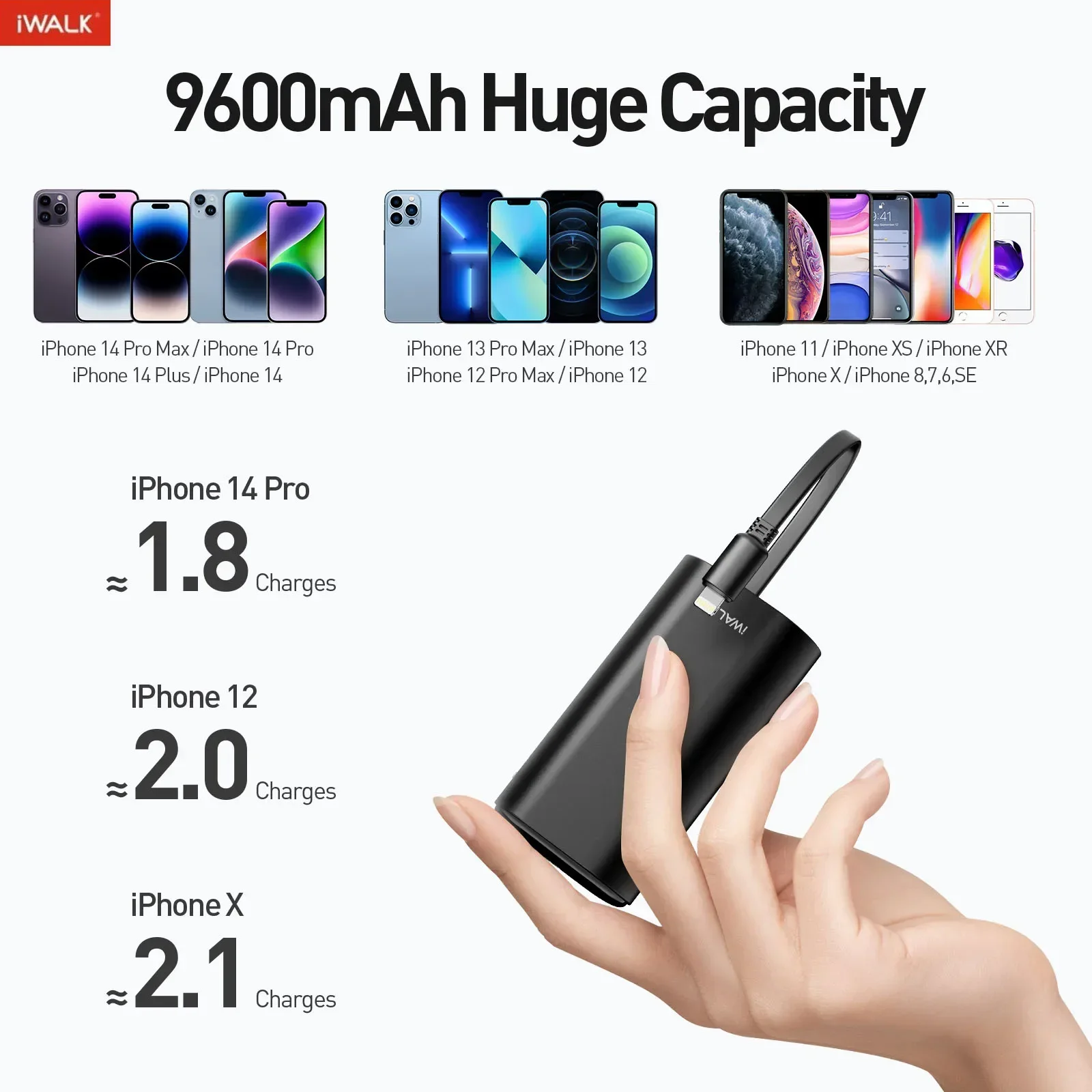 iWALK Large Capacity Mobile Power Bank, Portable External Battery, 9600mAh, Fast Charge, ,Upgrade Phone Large Powerbank