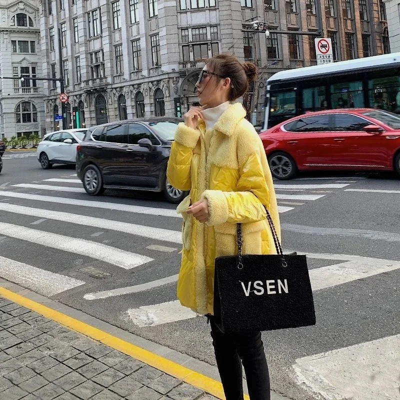 Wool Winter Overcoat Streetwear Women Splice Down New Luxury Fashion Lapel Sleeve Warm Outwear Office Long Coat