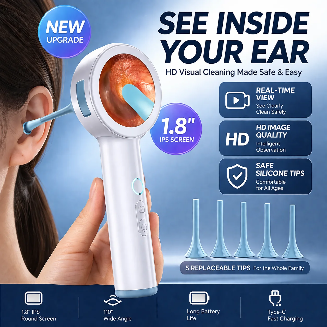 Smart HD Ear Camera 1.3” 1.8” Screen Ear Cleaner Otoscope with Light Visible Ear Wax Removal Tool for Kids Adults & Pets