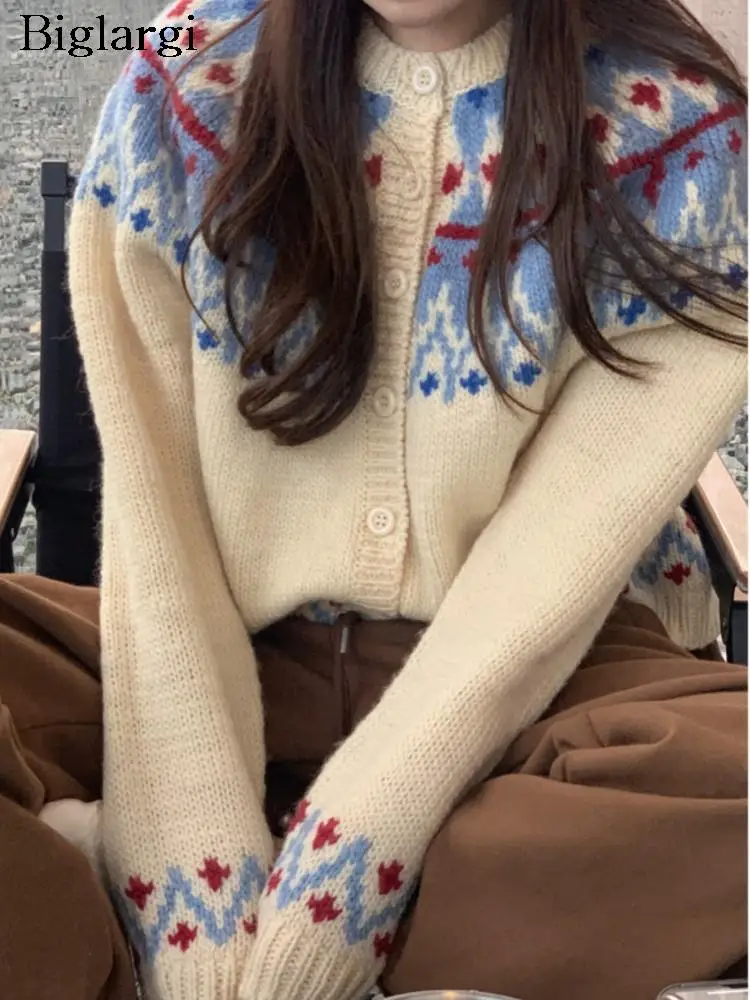 

Autumn Winter Knitted Cardigan Women Floral Striped Print Korean Loose Ladies Cardigan Long Sleeve Modis Woman Sweater Coat 2023