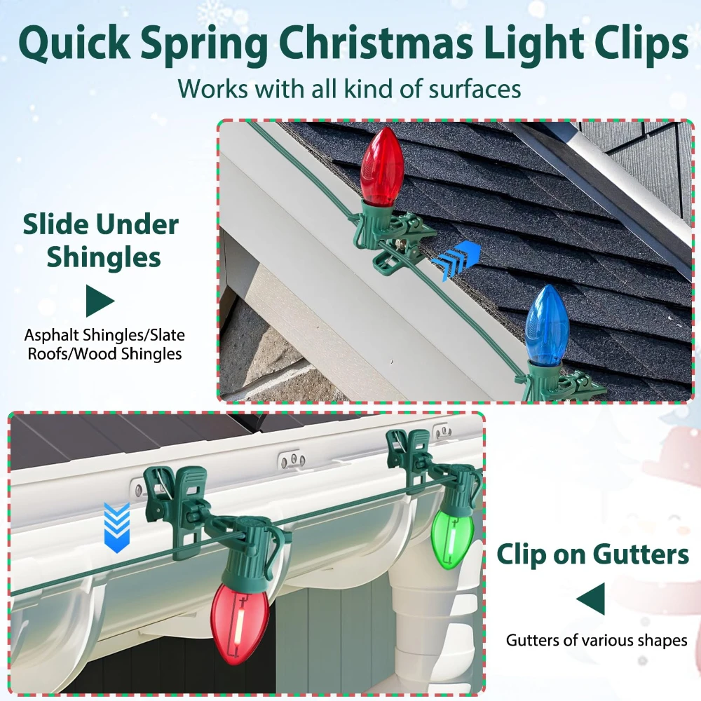 C7/C9 Christmas Lights Spring Clips Universal Holiday Lights Quick Spring Clips E12/17 Shatterproof Weatherpr for Outdoor Lights