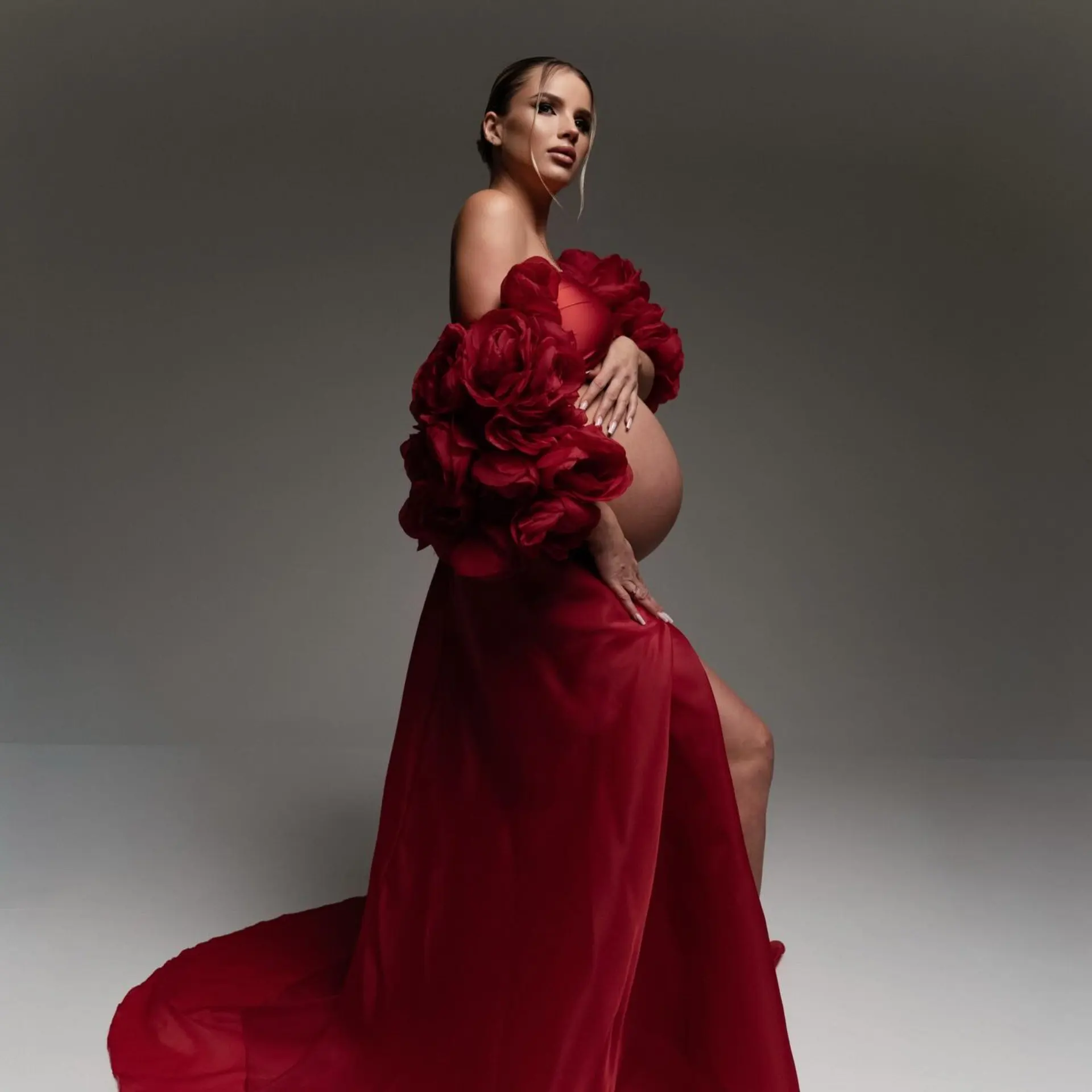 

Красное вечернее платье для беременных без бретелек с цветочным узором и высоким разрезом, длинное платье для фотосессии беременных, сексуальное, подчеркивающее живот