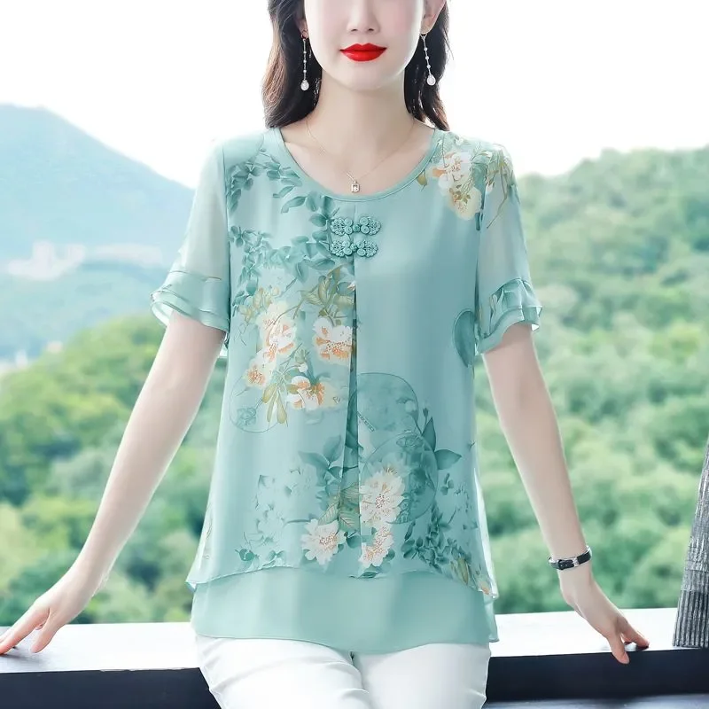 Women's Mint Green Floral Print Blouse Round Neck Short Sleeve Frog Button Chiffon Casual Top