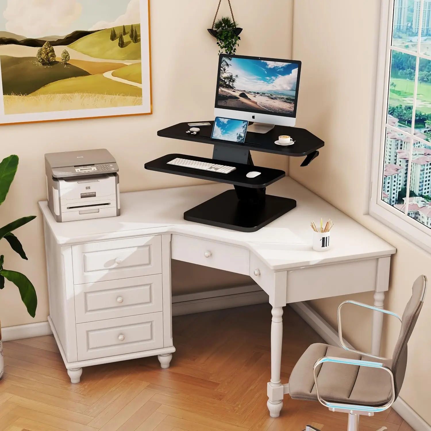 Corner Standing Desk Converter, Height Adjustable Sit Stand Desk Riser Workstation, Ergonomic Monitor Display Holder With Retractable Keyboard Tray, Modern Tabletop Office Desk, Black, 1 Pack