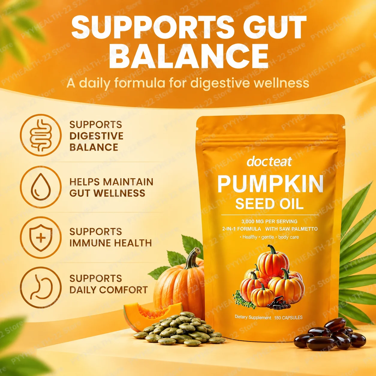Supports Men's Bladder Comfort & Urinary Balancefor Men Pumpkin Seed Oil Softgels, 3000mg 2-in-1 with Saw Palmetto, 180 Softgels