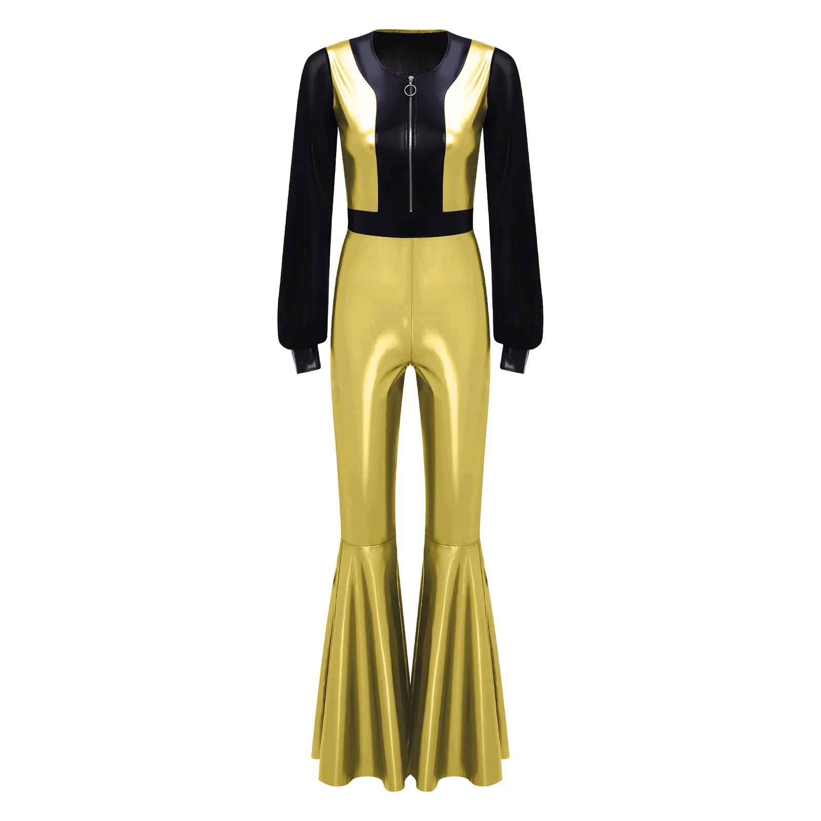 

Women 60s 70s Disco Hippie Costume Jumpsuit Halloween Party Jazz Dance Costumes Shiny Metallic Full Bodysuit Carnival Dancewear