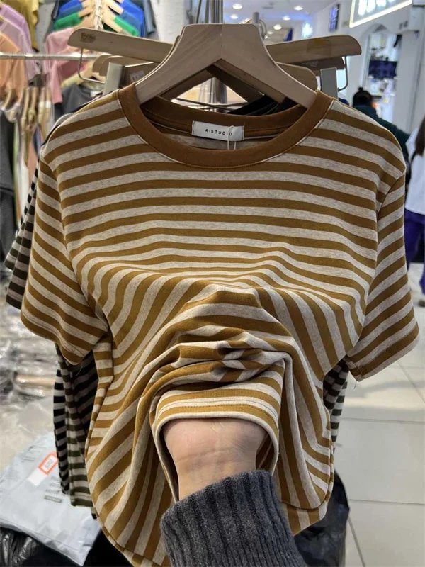 

Korean Style Casual Chic Striped Short Sleeve round Neck T-Shirt Loose Fit Summer Top for Young Women Commute Fashion