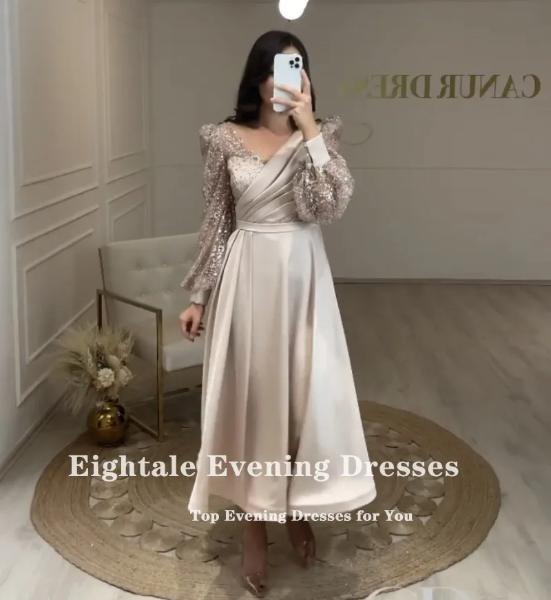 Eightale champagne curto vestido de noite para festa de casamento com decote em v cetim gliiter baile de formatura vestido longo inchado mangas vestido de celebridade