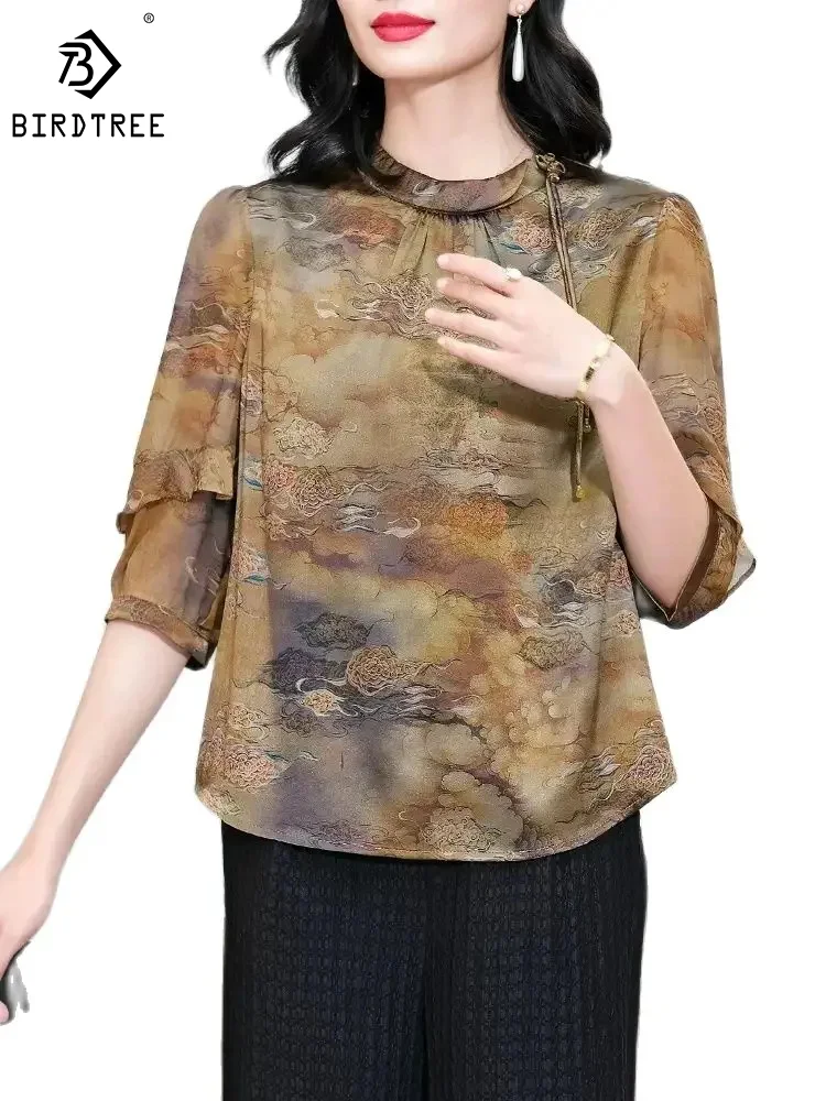 

BirdTree Stand Neck Short Sleeve Print,92% Mulberry Silk Shirt for Women,Retro OL Satin Blouses,2024 Spring New Top,T42308QM