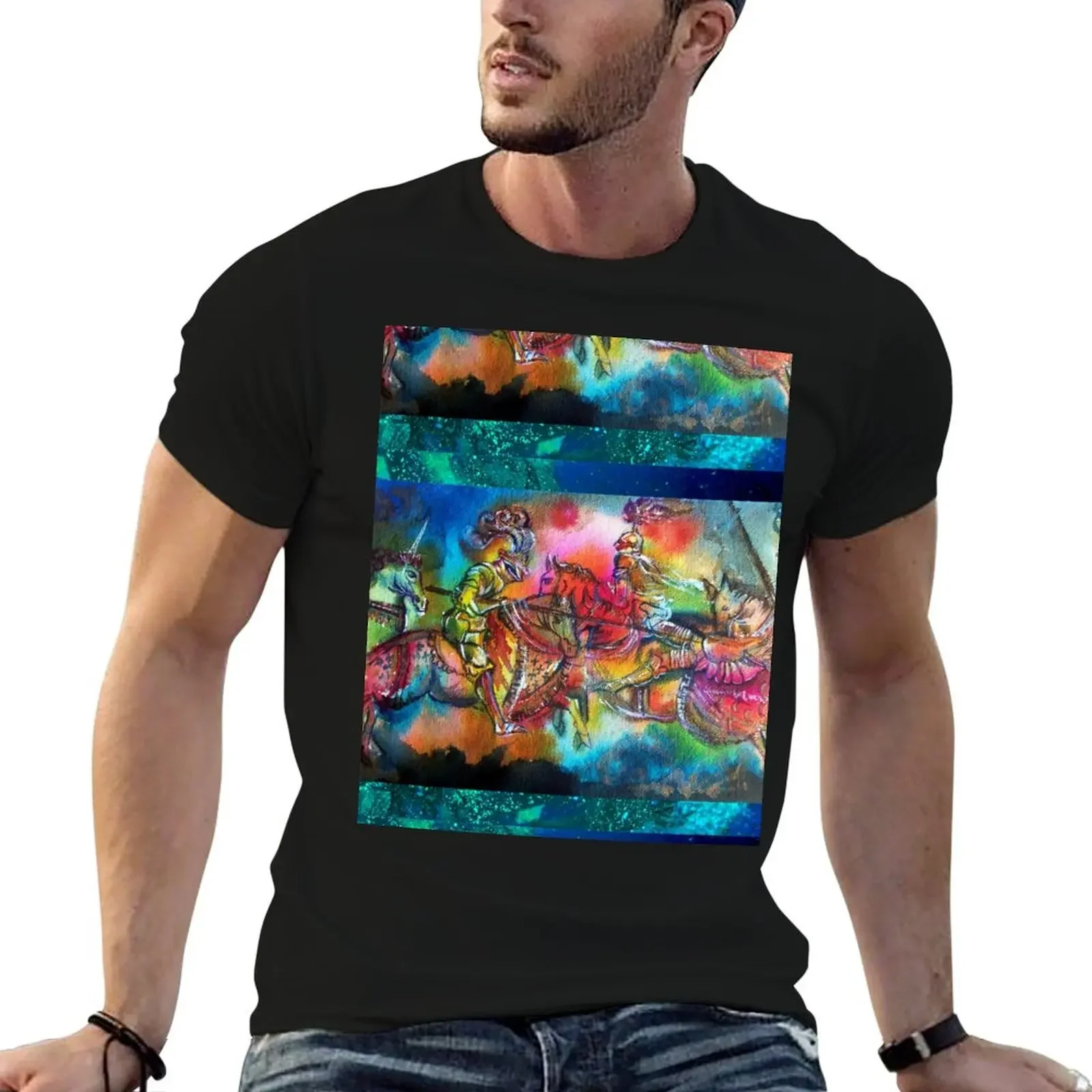 CHANSON DE ROLAND/ COMBAT OF MEDIEVAL KNIGHTS HORSEBACK IN TOURNMENT Watercolor T-Shirt heavyweights t shirts for men pack