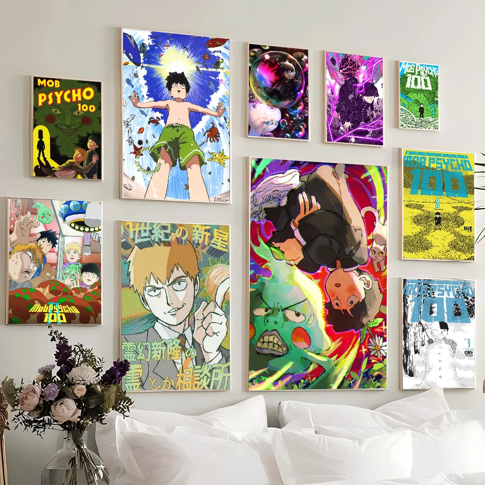 1PCAnime Mob Psycho 100 Poster Movie Sticky Posters Retro Kraft Paper Sticker DIY Room Bar Cafe Aesthetic Art Wall Painting