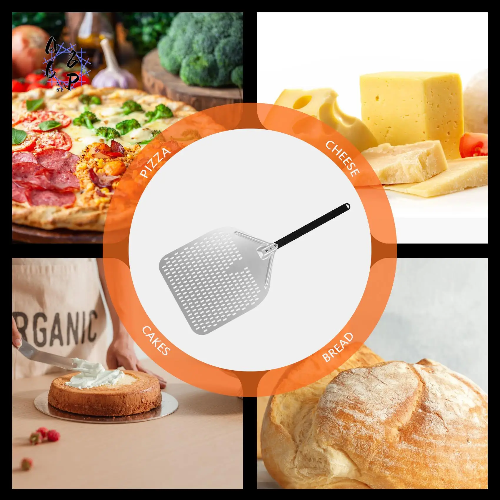 A68P-Dural Punching Pizza Shovel Connecting Pizza Shovel Thick Oven Flipping And Transferring Pizza 16-Inch Handle