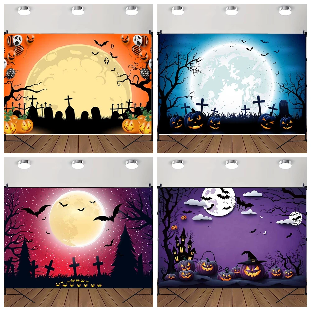 

MOON.QG Halloween Decor Photography Backdrop Ancient Castle Night Bats Backgrounds For Photographs Birthday Decoration Poster