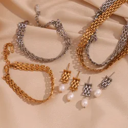 New Kpop 316L Stainless Steel Mesh Chain Necklace Bracelet  Earring for Women Aestethic Gold Color No Fading