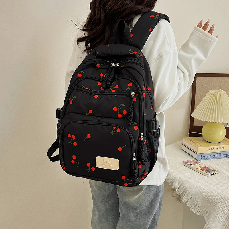 

3pcs Sweet School Bookbag Set with Small Sling Bag Cute Cherry Bow Print Daypack Large Capacity Laptop Backpack Student Rucksack