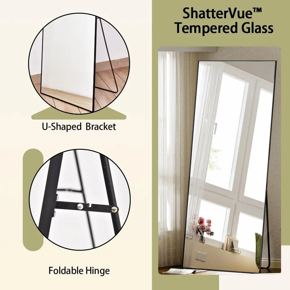 مرآة أرضية طويلة 56 × 21 بإطار من الألومنيوم، مقاومة للكسر، قائمة بذاتها أو مثبتة على الحائط، مثالية لغرفة المعيشة باللون الأسود #4