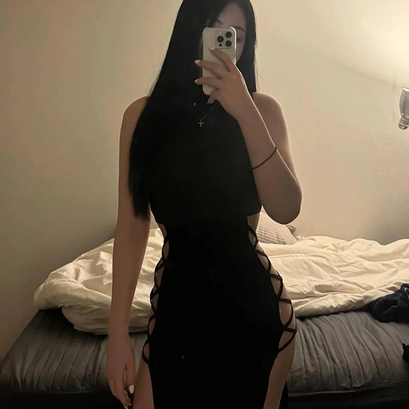 أنيقة حزب أزياء مثير ضئيلة جديدة أكمام الياقة المدورة ضمادة سبليت شوكة اللباس المرأة الصيف الجوف خارج غير النظامية فستان طويل