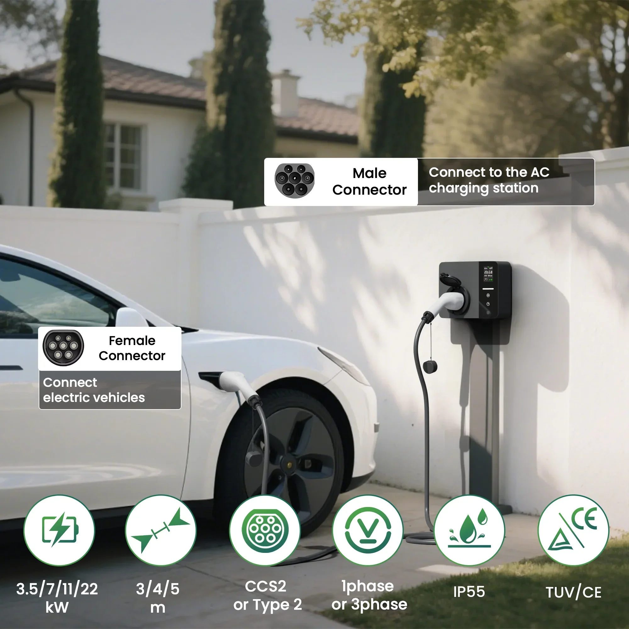 كابل FITMPH Type 2 EV، كابل شحن IEC62196-2 EV متصل بمحطة شحن EV وAC، 5 أمتار، 3P، 11kW، 16A، التوصيل والتشغيل #2