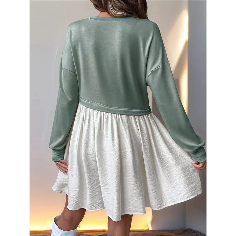 NEW-여성용 컬러 블록 라운드 넥 긴 소매 러플 밑단 캐주얼 A라인 짧은 드레스