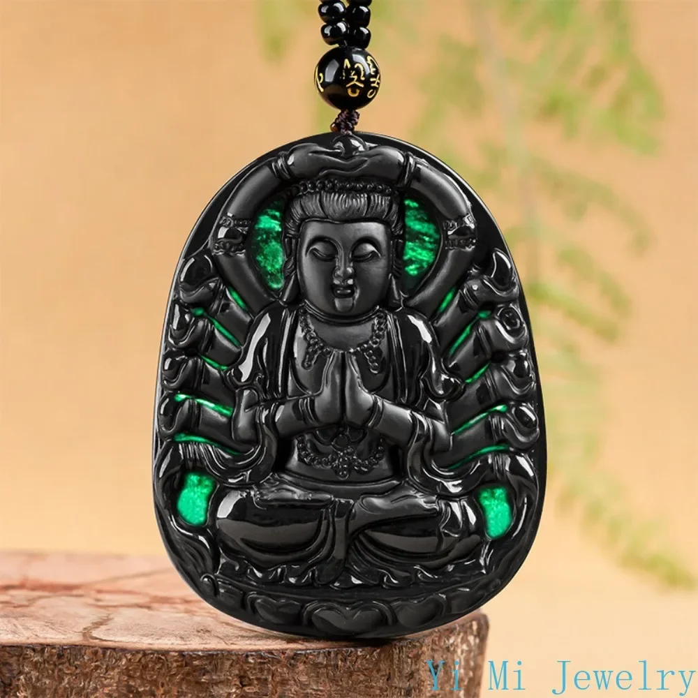 

New Natural Ink Jade A Goods Jade Thousand Hand Guanyin Jade Pendant Ice Ink Male and Female Lovers Jade Necklace Free Shipping