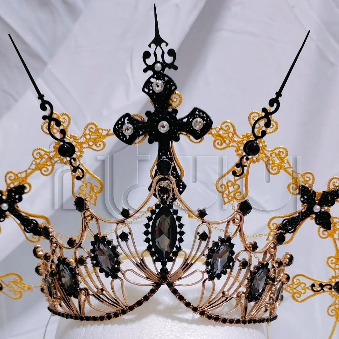 Bandeau couronne croisée en or noir, gothique, Lolita, déesse du soleil, reine, Halo à pointes, accessoires pour cheveux pour femmes, Halloween, noël