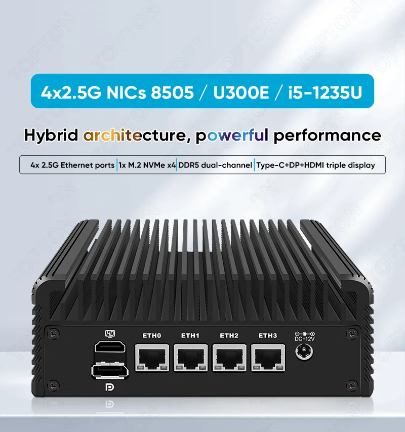 Topton 4x2.5G NICs Fanless Mini PC Zero Noise Intel Core I5 1235U U300E 8505 2xDDR5 NVMe HD/DP/Type-C IoT Firewall Computer