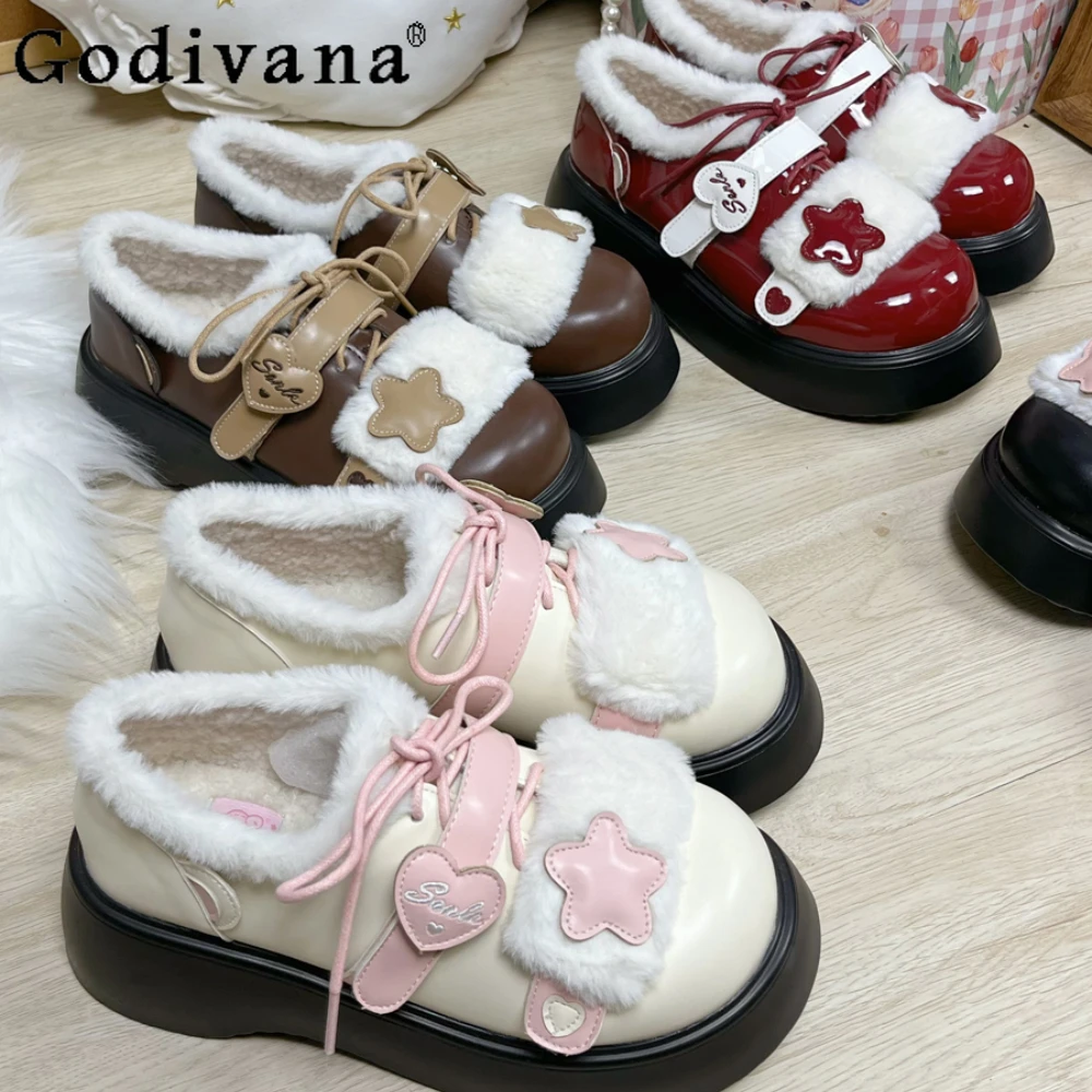 

Winter Velvet Warm Platform Leather Shoe Lolita Round Head Flat Bottom Kawaii Women Shoes Heels