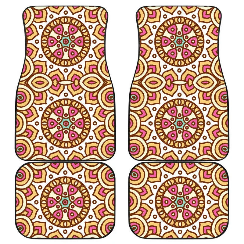 Pastel Ethnic Mandala Print Front and Back Car Floor Mats Heavy Carpet Front and Rear Full Set 4PCs Pack