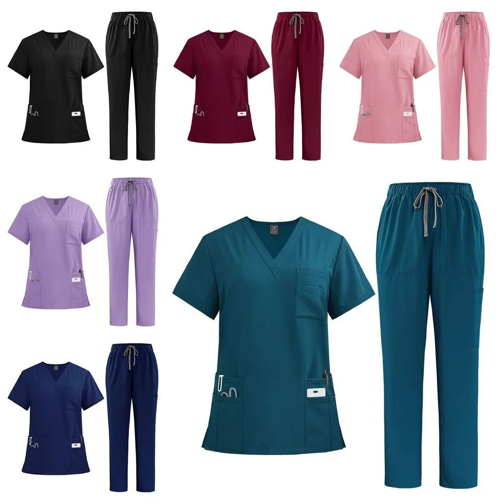 

Soft Pink Clinical Uniform Healthcare Scrub Top & Pants Woman Pharmacy Workwear Work Clothes with Pockets Scrubs Sets Veterinary
