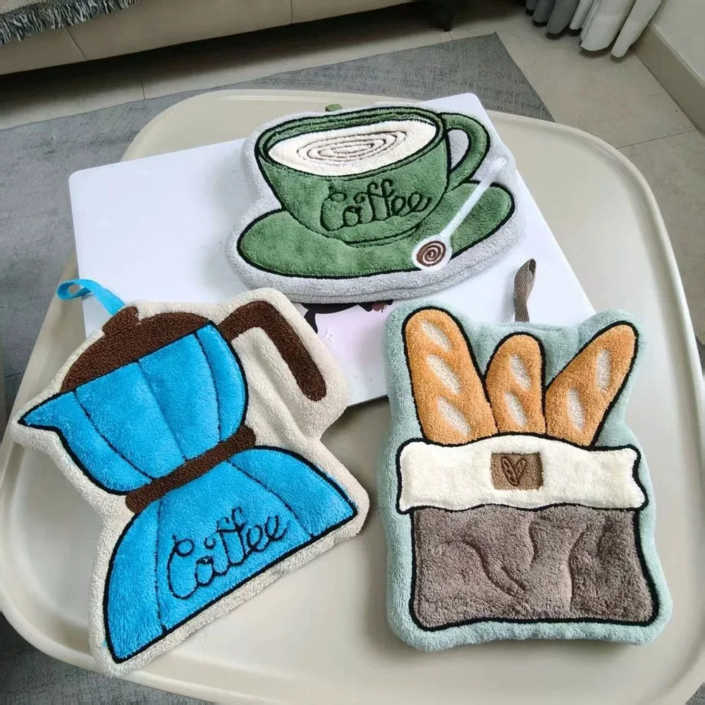 Quick-Dry Coffee Theme Hand Towel Coffee Bread Coral Fleece Toilet Handkerchief Thickened Soft Bathroom Kerchief Kitchen Home