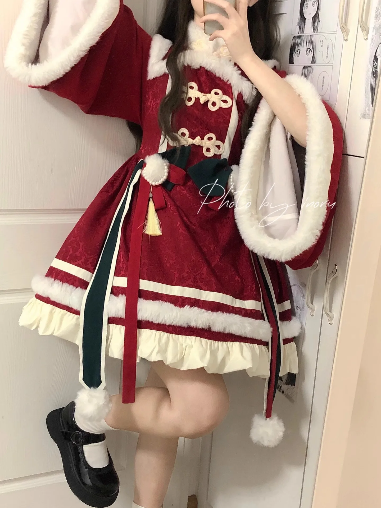 Weihnachten Neujahr Robe chinesisches rotes dunkles Muster Jacquard Lolita Mädchen Cheong sam süßes Kleid