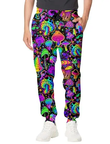 Neon Psychedelic Mushroom Sweatpants for Men and Women, 3D Floral Fluorescent Carnival Sweatpants, Hippie Street Style Pants