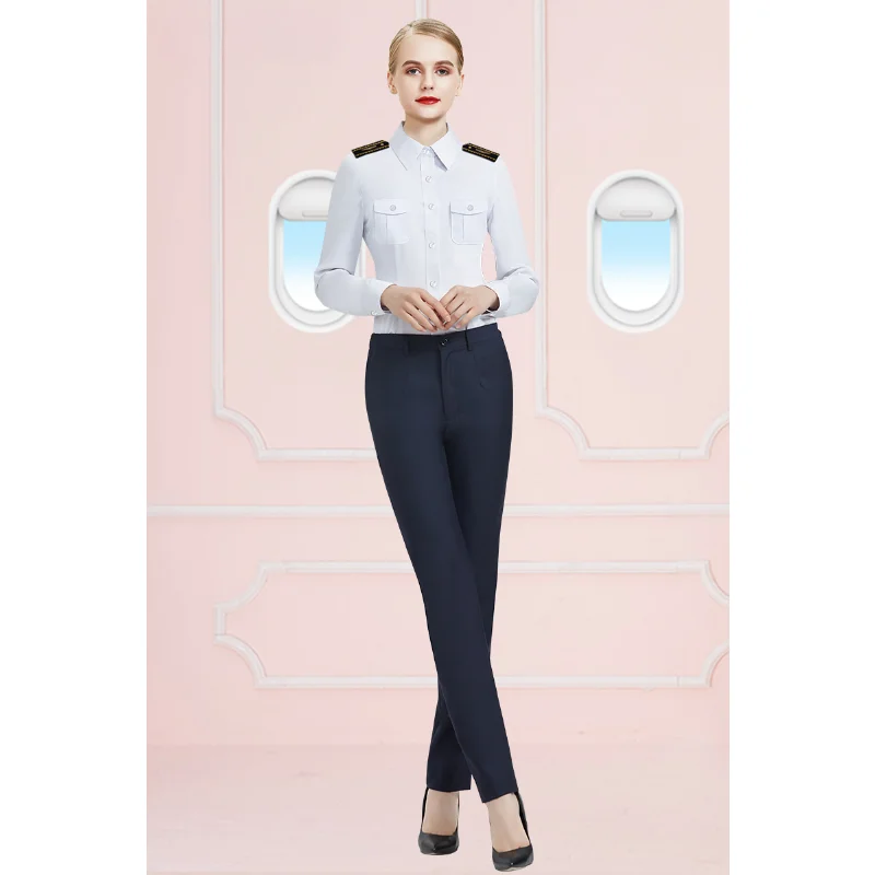 Aviation Female Captain Pilot Uniform White Shirt College Slim Fitting Shoulder Badge Flight Attendant Long Sleeved Work Shirt