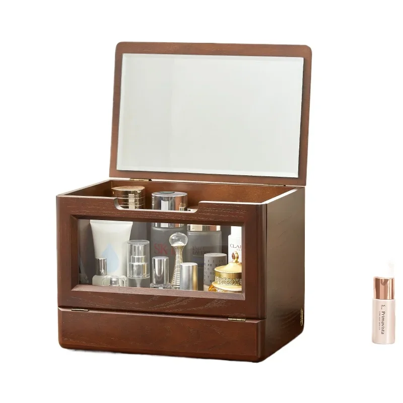 

Dust-proof cosmetics storage box Solid wood with mirror integrated wooden desktop dresser Makeup skin care product rack